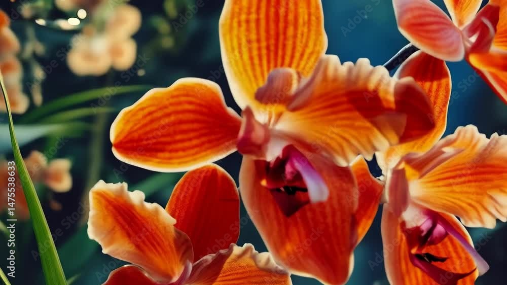 Poster close-up of vibrant orange orchids with intricate details against a soft blue backdrop creating a lu
