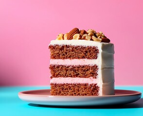 Delicious cake slice with a cream layer and topped with nuts against a vibrant pink background, perfect for dessert enthusiasts and food photography.