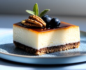Delicious cheesecake slice topped with fresh blueberries and crunchy pecans on a decorative plate. Perfect for dessert lovers looking for a sweet treat that is visually appealing.