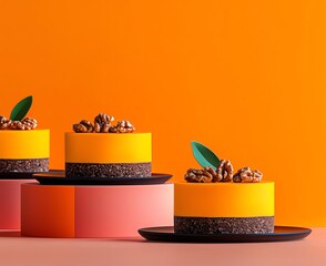 Vibrant and colorful dessert cakes featuring luscious orange creme and walnuts, set against a striking orange background. Ideal for food photography enthusiasts and pastry lovers.