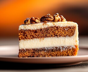A delectable slice of layered cake topped with pecans, showcasing rich textures and creamy filling, perfect for dessert lovers. Ideal for culinary and food photography.