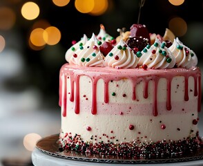 A beautifully decorated cake with pink frosting, dripping sauce, topped with cherries and festive sprinkles, set against a blurred backdrop of warm lights, perfect for celebrations