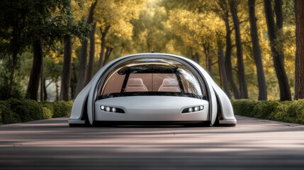 Futuristic vehicle on a road amidst trees