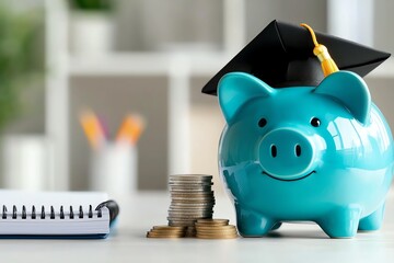 A vibrant blue piggy bank wearing a graduation cap sits next to a stack of coins