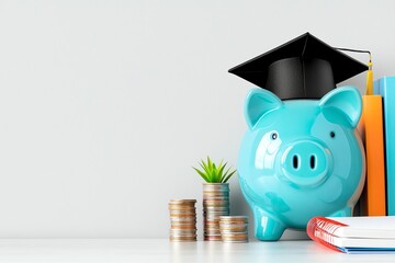 A blue piggy bank wearing a graduation cap, symbolizing financial planning for education. Surrounded by stacks of coins and books, representing saving and investment in knowledge.