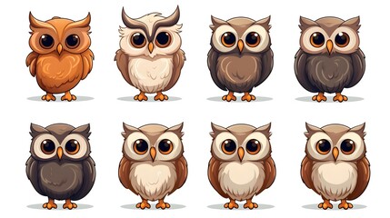 Fototapeta premium Collection of Nine Cartoon Cute and Funny Various Oval Owls for Children's Illustrations and Designs