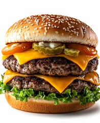 A delicious double cheeseburger featuring two juicy beef patties, melted cheddar cheese, fresh lettuce, tomatoes, pickles, and creamy sauce, all nestled in a sesame seed bun.