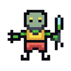 Pixel Art Alien Character Holding a Weapon, Isolated