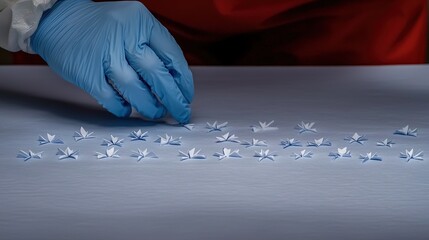 Gloved hand arranging paper stars.