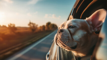 Dog looking out car window scenic countryside