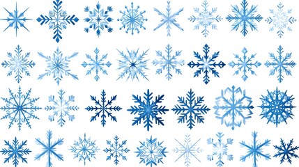 Exquisite Collection of Twenty-Five Blue Snowflakes Isolated on White Background for Winter Designs