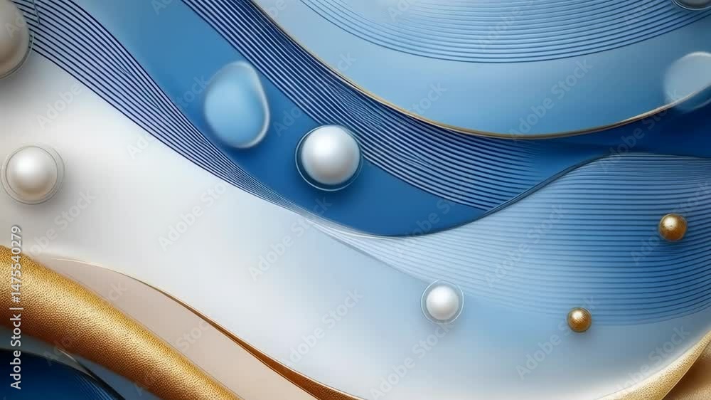 Poster abstract blue and gold wave pattern with smooth white spheres floating on textured curved ribbons ba
