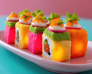 Colorful sushi rolls on white plate