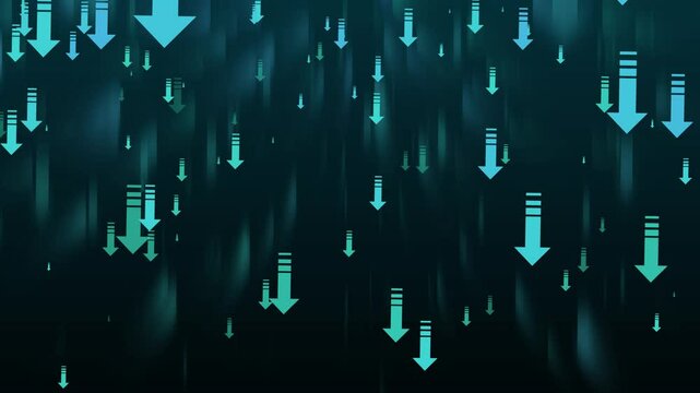 Abstract Downward Arrows Animation on Dark Background, Abstract background with multiple red downward arrows on a dark gradient backdrop