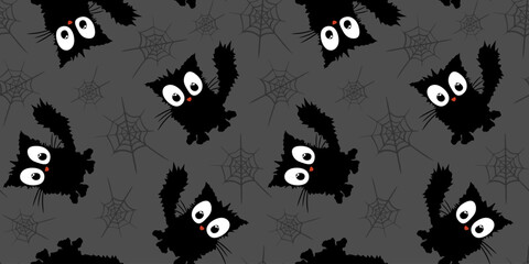 halloween seamless pattern cute black cats spider webs  dark gray background, spooky feline holiday design, repeating kitty cobweb illustration textile, fabric © pani_Nadichka
