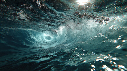 Obraz premium A minimalistic and simple water vortex, captured from underwater. The clear, transparent water spirals with dynamic motion, creating a clean and serene visual effect that emphasizes the natural beauty