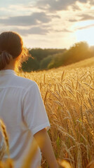 Golden wheat field sunset walk