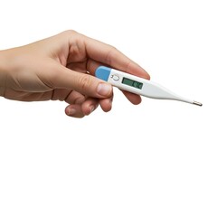Obraz premium Hand holding a digital thermometer, isolated on white background. Medical tool concept for healthcare, fever check, or wellness branding.