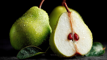 Close up two pears one sliced against dark background
