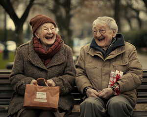 Senior couple laughing outdoors