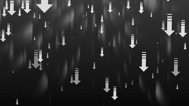 Abstract Downward Arrows Animation on Dark Background, Abstract background with multiple red downward arrows on a dark gradient backdrop