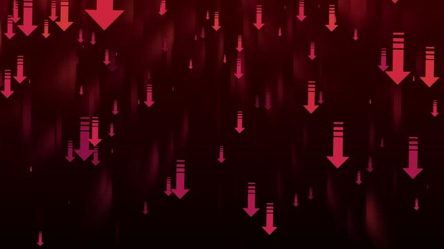 Abstract Downward Arrows Animation on Dark Background, Abstract background with multiple red downward arrows on a dark gradient backdrop