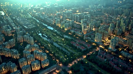 Fototapeta premium Cinematic claymation-inspired night cityscape with glowing apartments and green illuminated parks