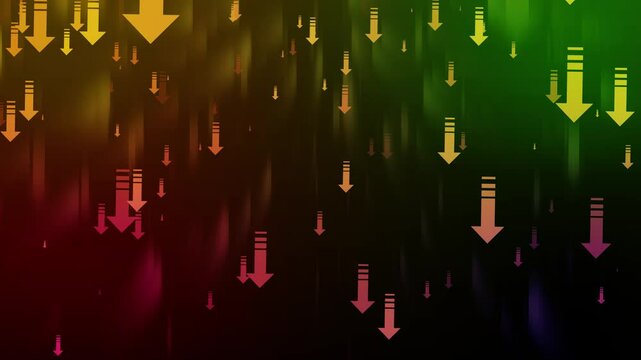 Abstract Downward Arrows Animation on Dark Background, Abstract background with multiple red downward arrows on a dark gradient backdrop
