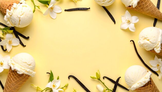 Bright yellow summer layout featuring vanilla cornetto cones and vanilla pods arranged neatly around a central blank area