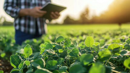 Farmer using technology in green field