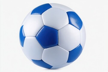 Fototapeta premium The soccer ball features a traditional design with alternating blue and white panels. It is positioned on a light background, emphasizing its shape and texture, ideal for sports enthusiasts.