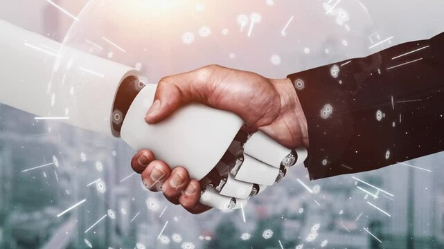 3D rendering hominoid robot handshake to collaborate future technology development by AI thinking brain, artificial intelligence and machine learning process for 4th industrial revolution.