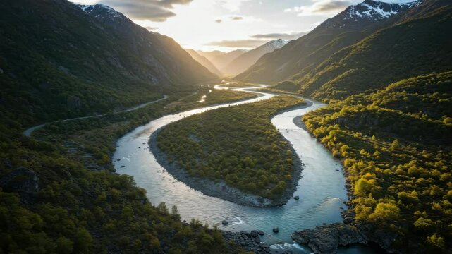 Drone view of river making sharp bend through mountainous terrain at sunset &ndash; natural aerial pattern