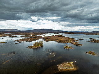 Rannoch Moor from a drone over Loch Ba and Loch of the Armpit, A82 Highland Way, Argyll and Bute, West Highlands, Scotland