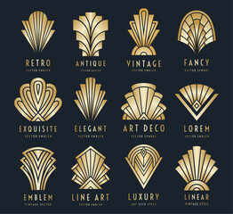 Gold metal texture geometry symbols. Art Deco collection vintage embellishment design. EPS 10 vector illustration set.