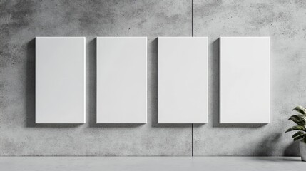Four blank canvases displayed on a concrete wall.