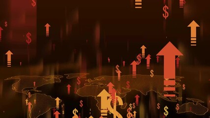 Global Financial Growth Animation, A digital illustration featuring a world map with dollar signs and upward arrows symbolizing financial growth - Powered by Adobe