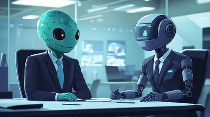 Alien HR Manager and Robot Recruiter Interviewing Candidates in High-Tech Office