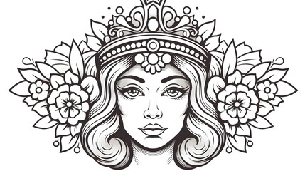 Professional Black Line Style Tattoo of Female Face with Detailed Design
