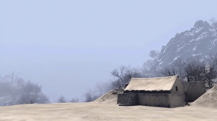 Mountain hut with winter landscape.