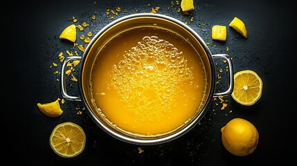 Freshly made lemon curd in a metal pot with zest top food tart view dark sweet black juicy style