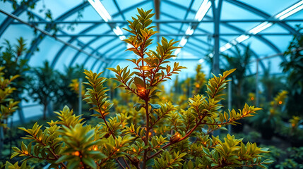 A futuristic greenhouse growing enhanced Mahonia aquifolium with glowing leaves and nutrient scan display