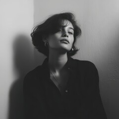 Monochromatic portrait of a woman in a dark garment.