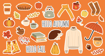 Big vector horizontal Hello Autumn sticker set in hand-drawn style. Cozy fall doodle design with pumpkin, coffee, sweater, books, leaves, and candles. Warm and cute autumn collection in flat style.