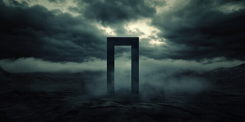 Mysterious Gateway in a Misty Surreal Landscape Under Dark Clouds