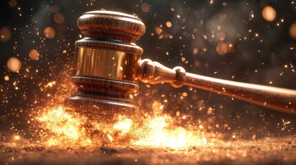 A 3D caricature of a gavel being slammed down, with dramatic motion lines and oversized features 