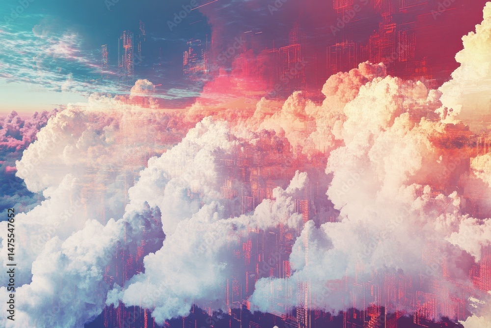 Aufkleber digital clouds illustrating data processing and technology, digital clouds over data processing