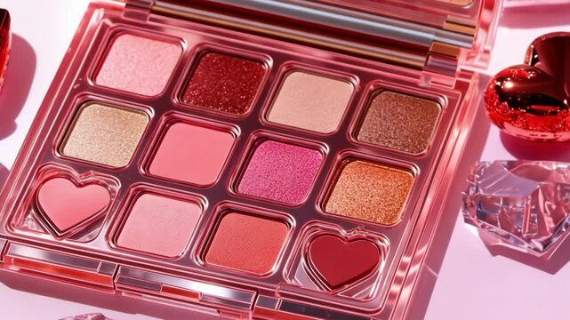 Pink eyeshadow palette with heart shapes and glittering tones on crystal background. The 14th of February. Happy Valentine's Day