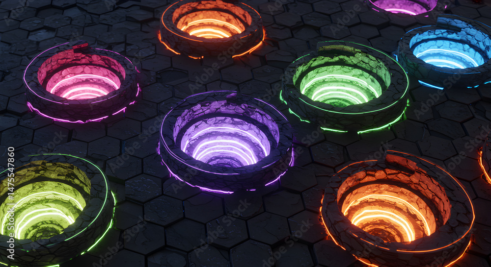 Poster abstract futuristic background with glowing neon portals on hexagonal surface