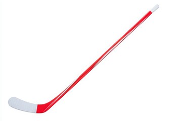 A bright red hockey stick leans against a plain white backdrop, showcasing its streamlined design and white blade. This stick represents the sports dynamic energy and excitement.